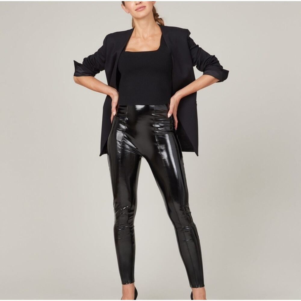 Spanx Blaxk Faux Patent Leather Leggings Womens Medium Shiny Sexy Night Out Crop